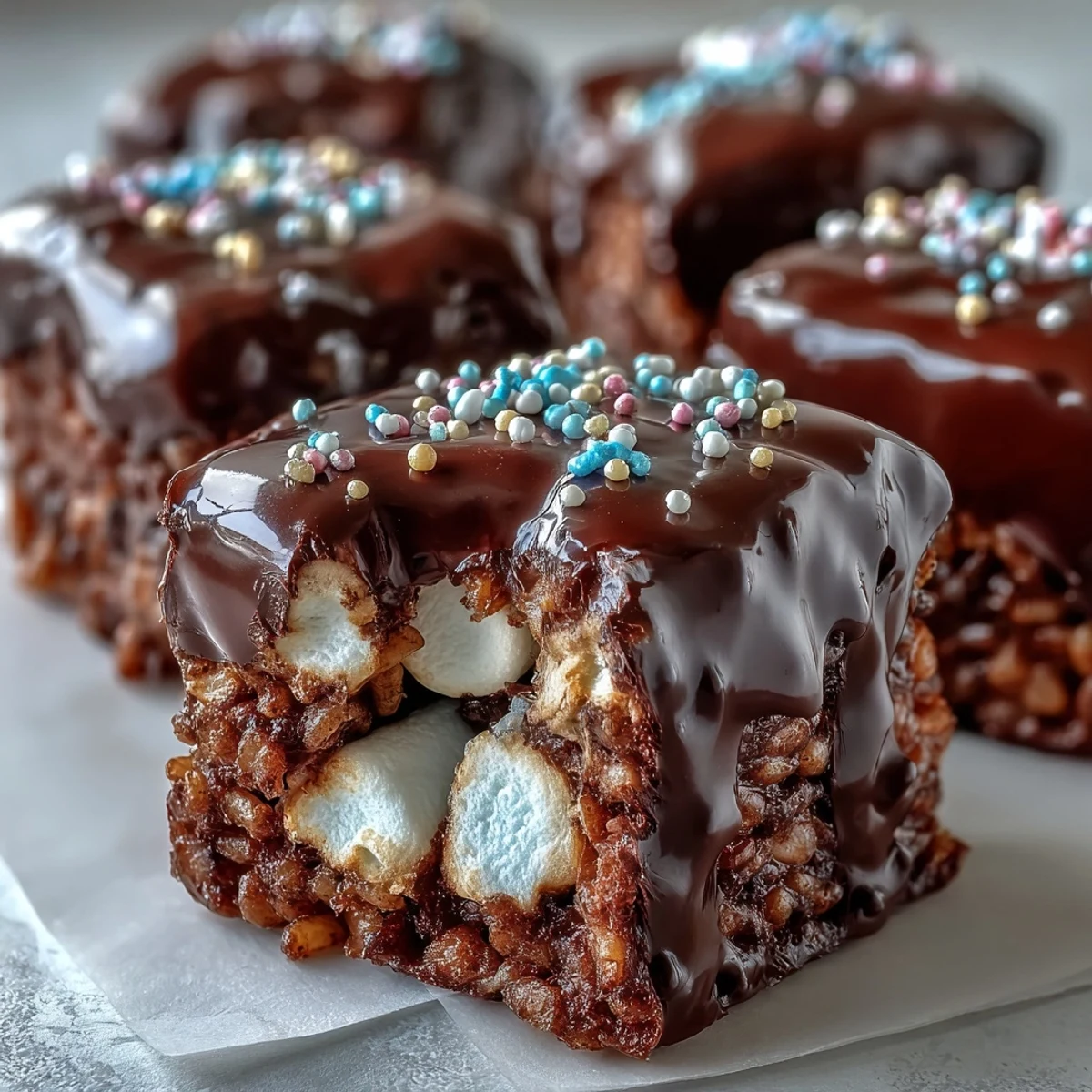 Golden squares of Chocolate Covered Rice Krispy Treats topped with rainbow sprinkles, ready to serve at a birthday party.
