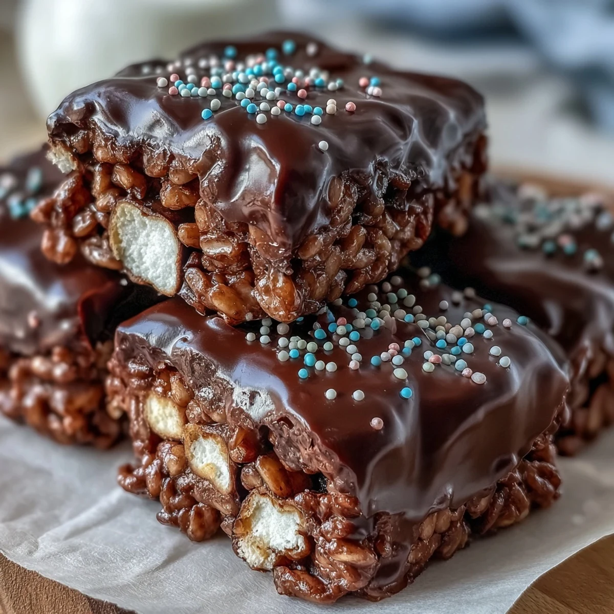 Freshly cut Chocolate Covered Rice Krispy Treats stacked on a plate, perfect for a sweet afternoon snack.