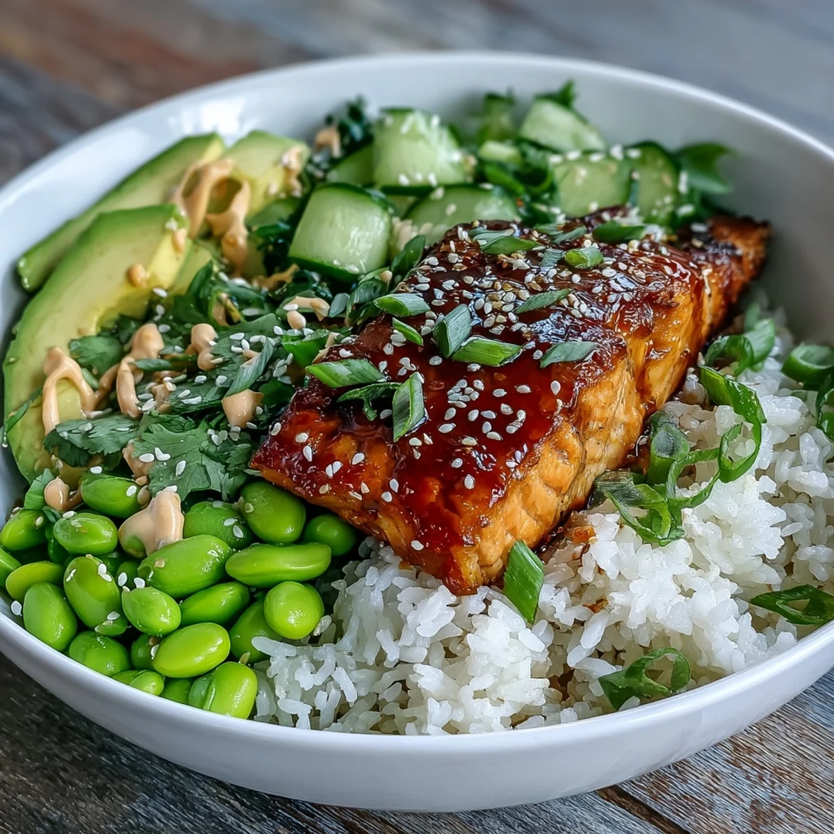 The vibrant Honey Sriracha Salmon Bowl features pan-fried salmon fillets glistening with a sweet and spicy glaze, served over fluffy jasmine rice with crisp cucumber and edamame.