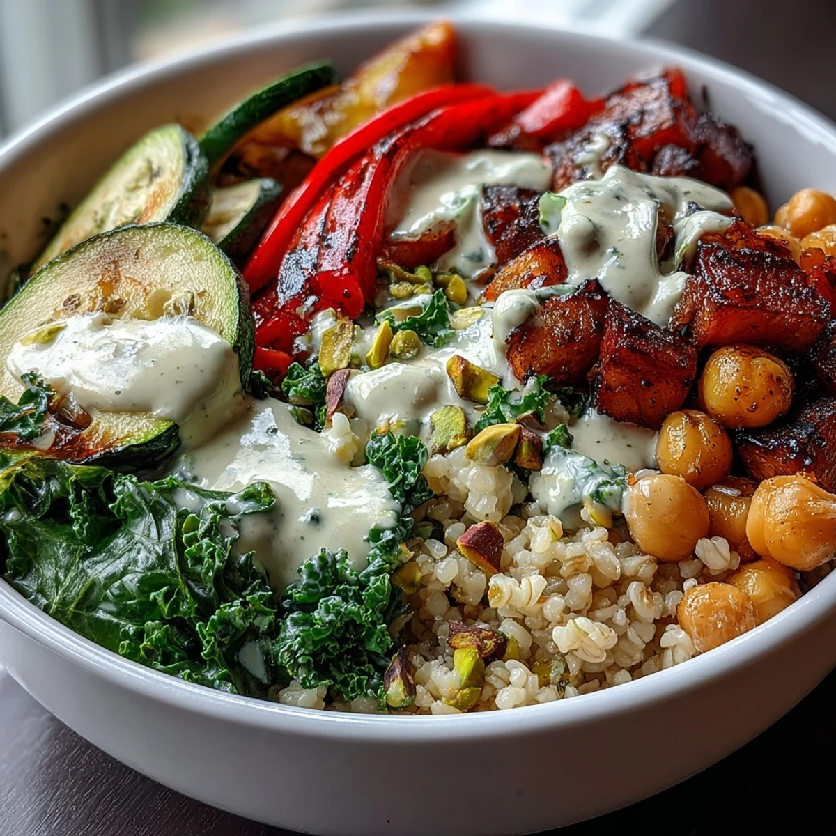 Close-up of a Mediterranean Buddha bowl meal prep container filled with bulgur pilaf, roasted eggplant, sweet peppers, zucchini, steamed kale, and chickpeas topped with creamy tahini dressing.