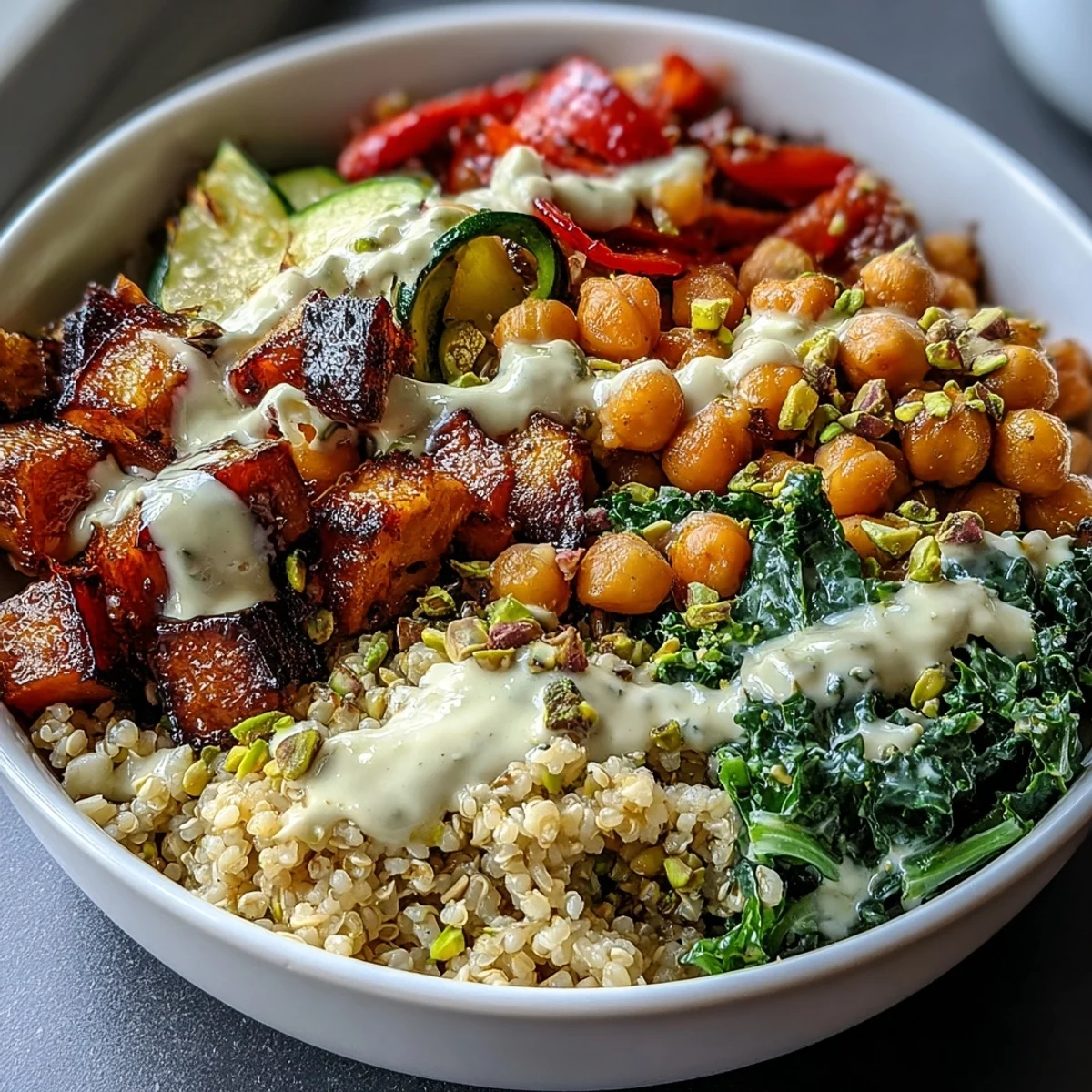 Overhead view of Mediterranean Buddha bowl meal prep showing colorful roasted vegetables, fluffy bulgur with pistachios, and chickpeas ready for a healthy lunch.