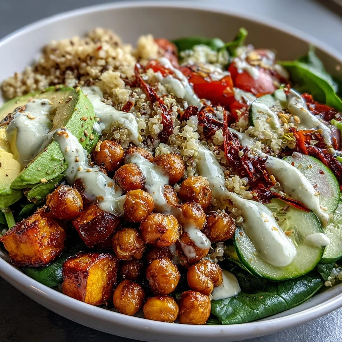 Fluffy quinoa and caramelized roasted sweet potatoes in a Buddha Bowl with Crispy Chickpeas, fresh veggies, and creamy garlic tahini dressing.