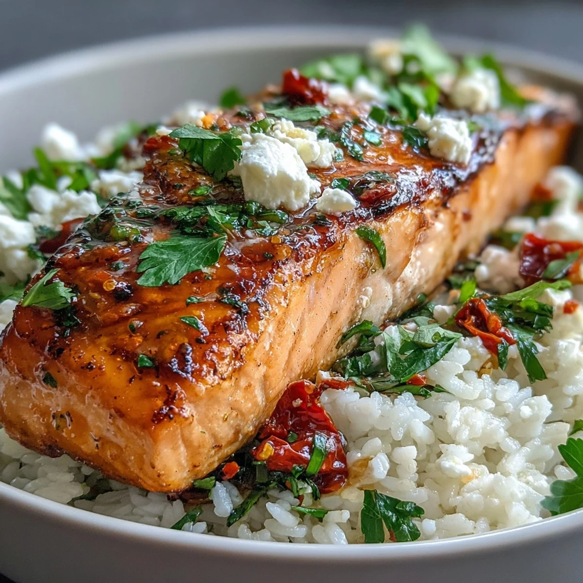 Golden pan-seared Mediterranean Salmon Bowl with crispy rice, vibrant bell peppers, and crumbled feta cheese.