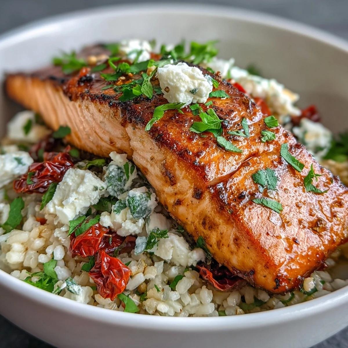 Served Mediterranean Salmon Bowl featuring tender salmon on crispy rice with colorful peppers and creamy feta.