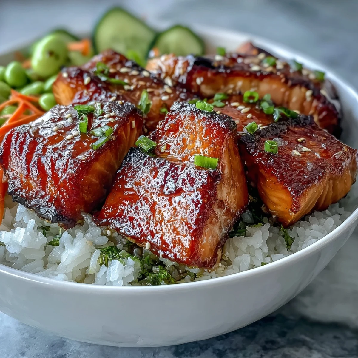 Freshly broiled Baked Salmon Rice Bowl garnished with sesame seeds and green onions, served over fluffy white rice with crisp cucumber, carrots, and avocado slices.