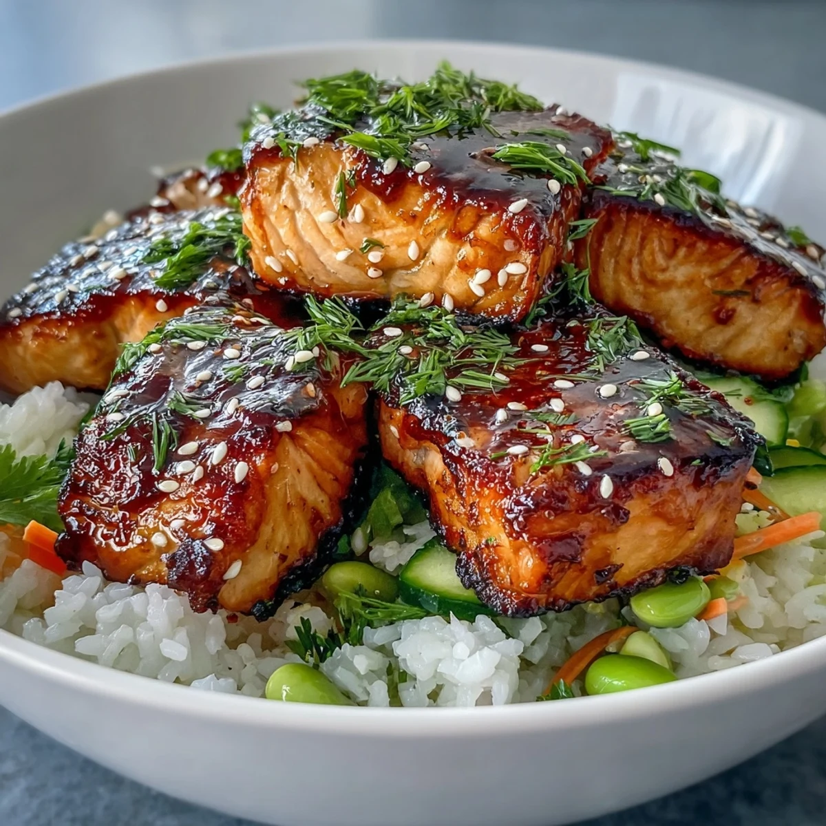 A vibrant Baked Salmon Rice Bowl with glazed salmon cubes, edamame, and shredded carrots, drizzled with creamy sriracha mayo and served with a lime wedge.