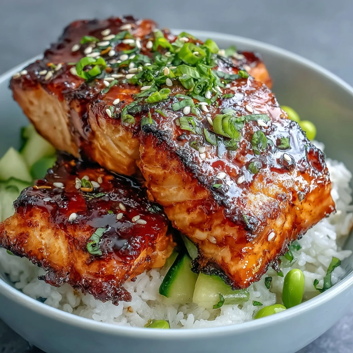 Healthy Baked Salmon Rice Bowl featuring tender salmon, steamed rice, crisp vegetables, and avocado, arranged neatly in a ceramic bowl for a quick weeknight dinner.
