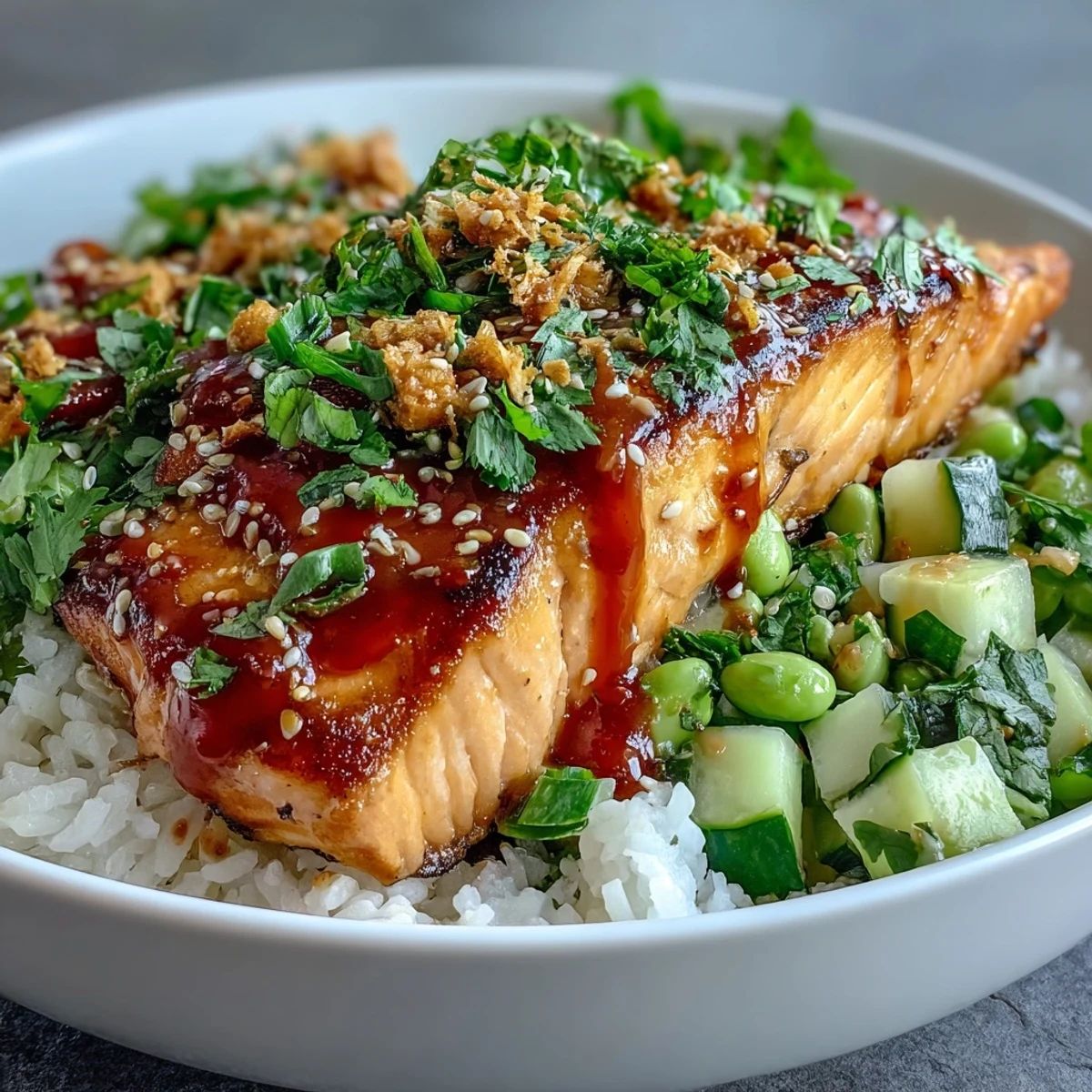 Flaky baked salmon rests on jasmine rice next to a vibrant cucumber-edamame salsa, all generously drizzled with creamy bang bang sauce.