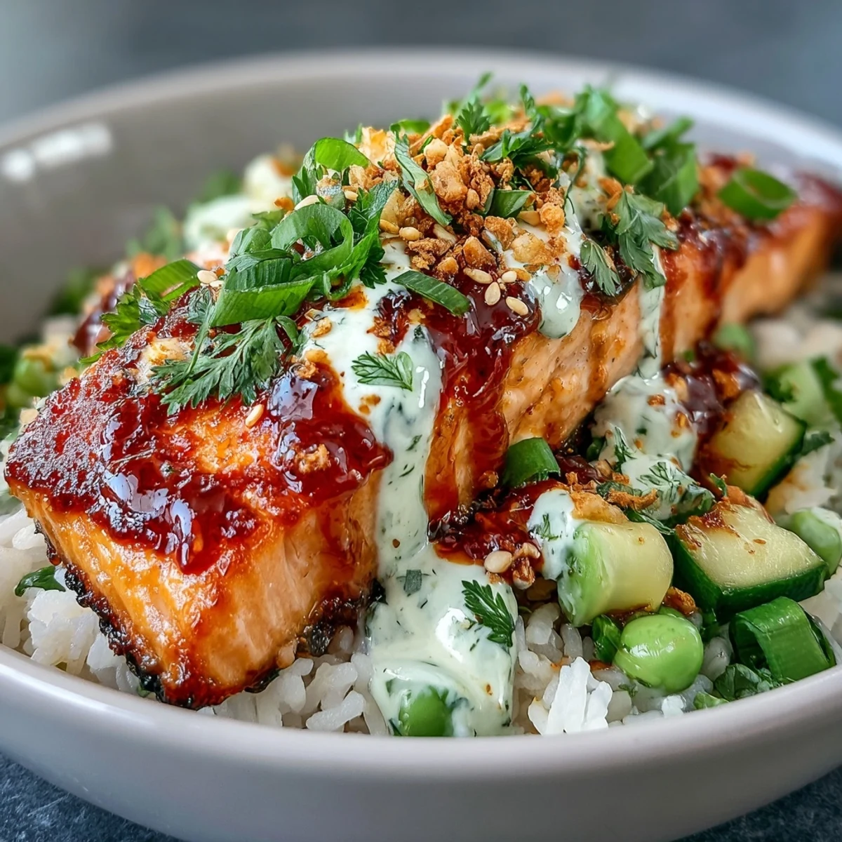 Crisp vegetables and tender salmon combine in a colorful bowl, finished with a spicy bang bang sauce and lime wedges for serving.