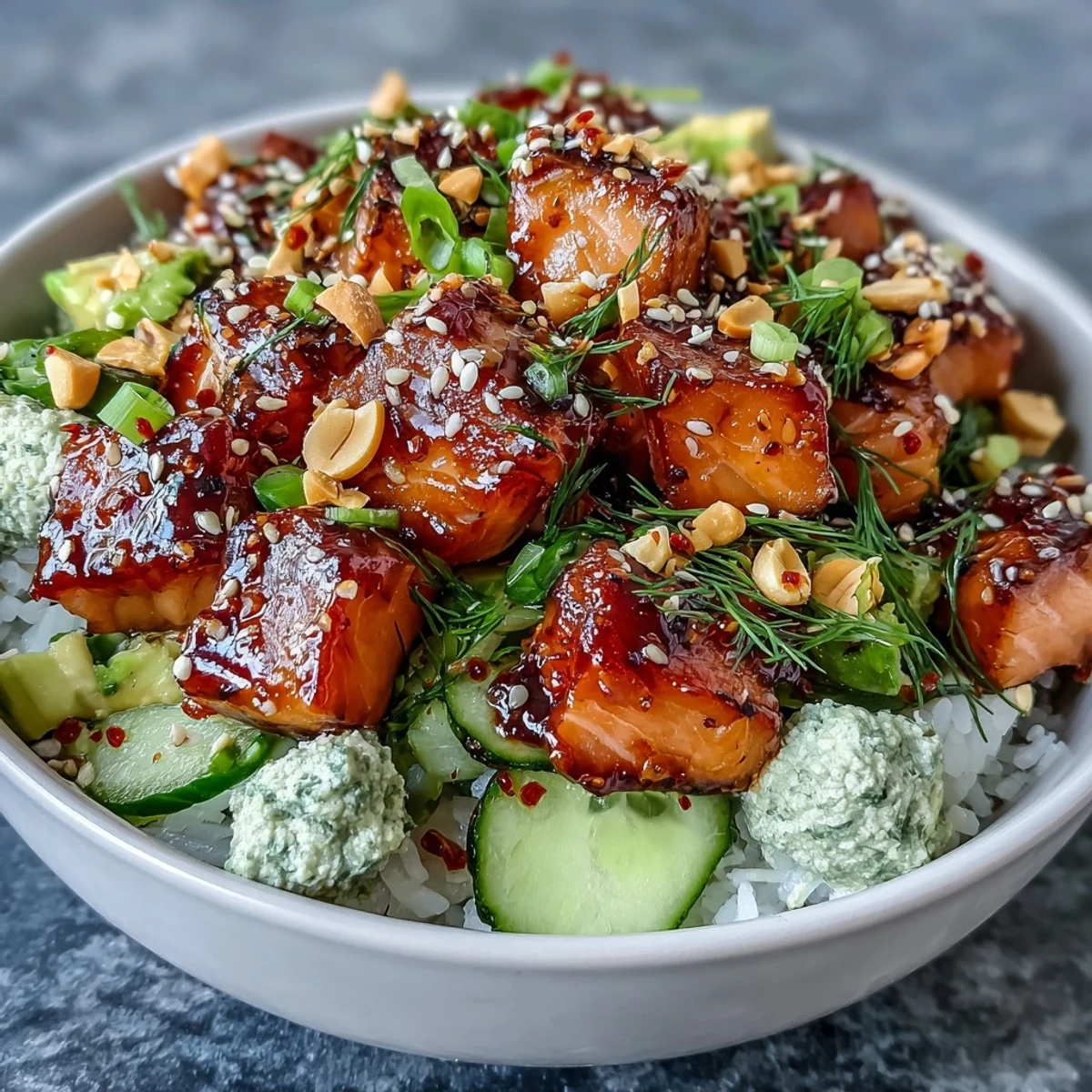 Avocado Salmon Bowl served with lime wedges, fresh cilantro, and nori strips, showcasing a fusion of tamari-glazed salmon and spicy chili oil.