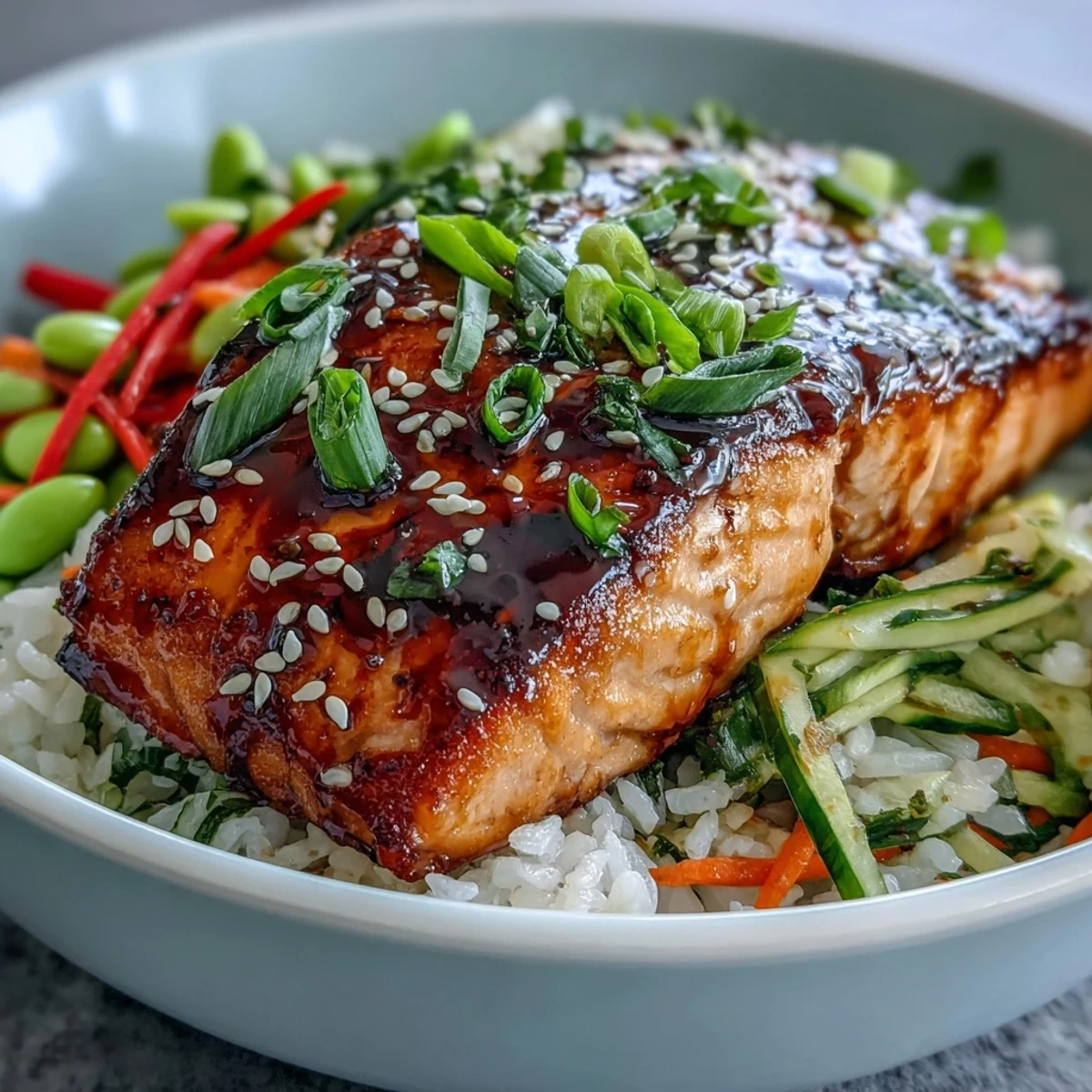 A healthy Asian-Inspired Salmon Bowl featuring glazed salmon, colorful julienned carrots and peppers, edamame, and a drizzle of savory sauce.
