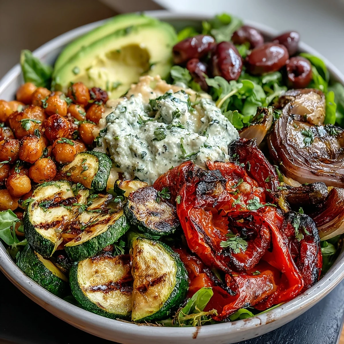 Freshly roasted Mediterranean vegetables and creamy avocado top a vibrant Vegan Mediterranean Buddha Bowl, ready to serve. 