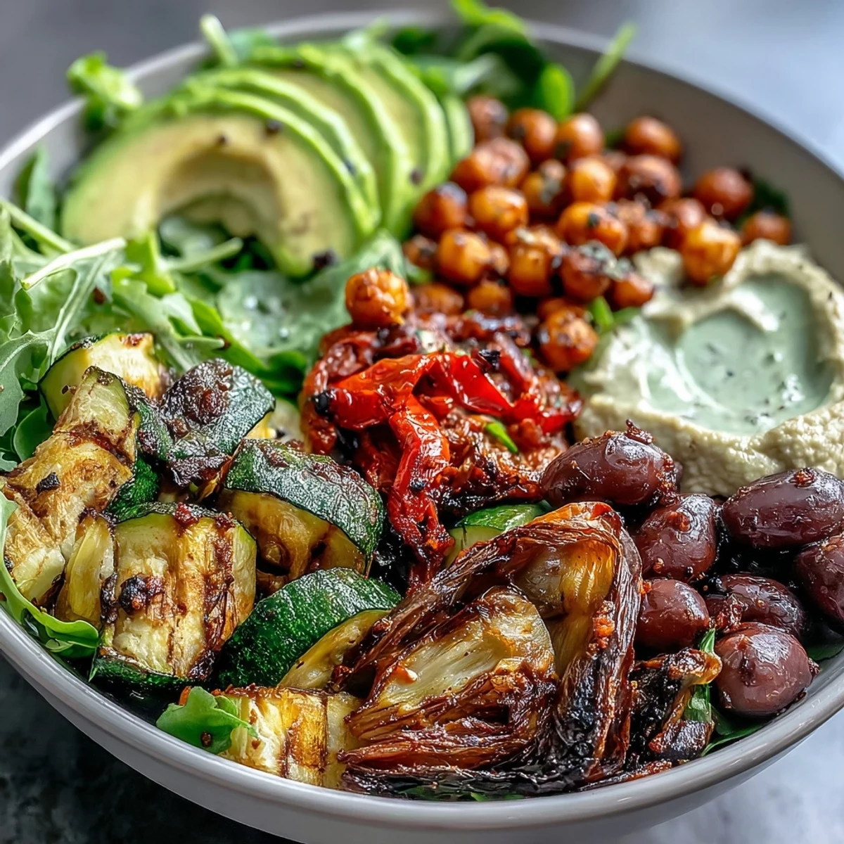 Colorful chickpeas, sliced olives, and hummus garnish this healthy Vegan Mediterranean Buddha Bowl drizzled with tahini dressing. 