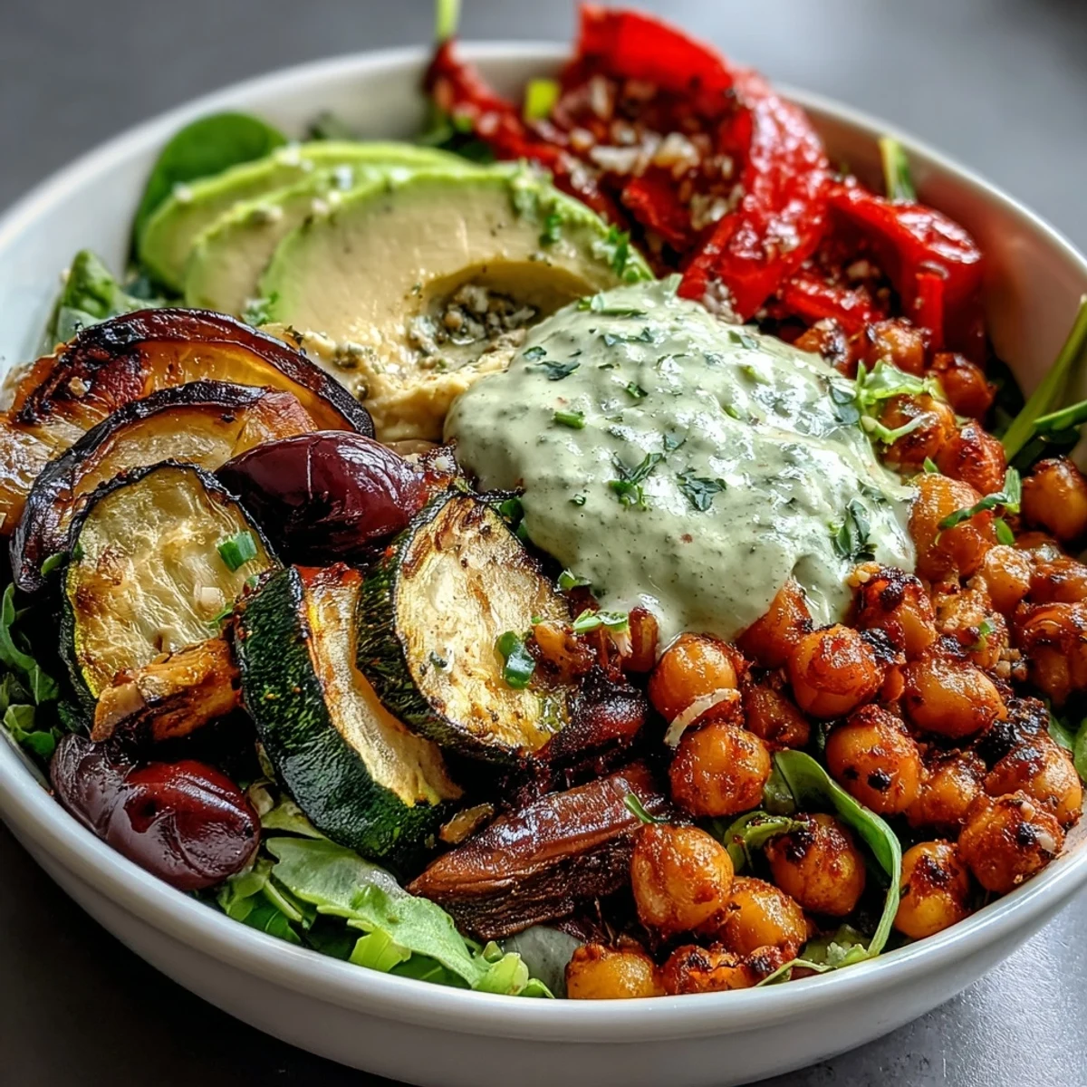 Artful plating of mixed greens and roasted veggies in a nourishing Vegan Mediterranean Buddha Bowl with zesty tahini.