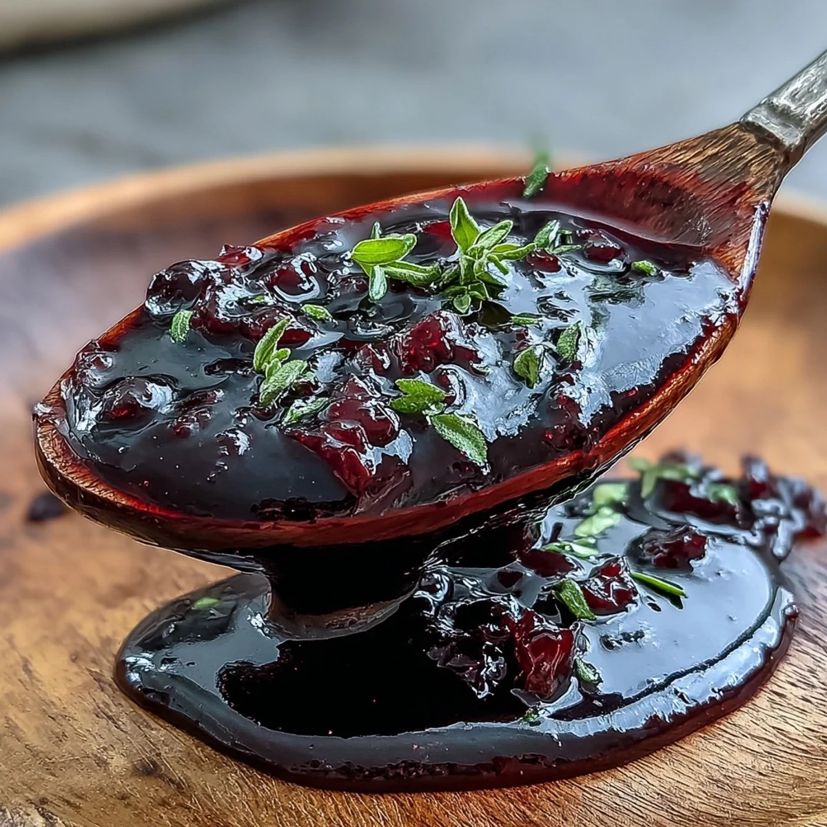 Dark, glossy Black Currant and Rosemary Reduction glistens in a small white ramekin, garnished with a fresh rosemary sprig.