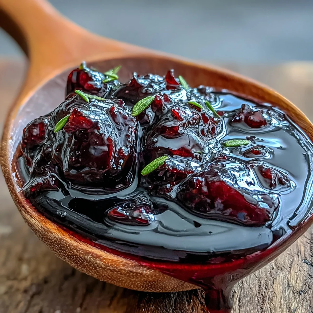 A bowl of homemade Black Currant and Rosemary Reduction, topped with a fresh herb sprig, ready to spoon over roasted meats.
