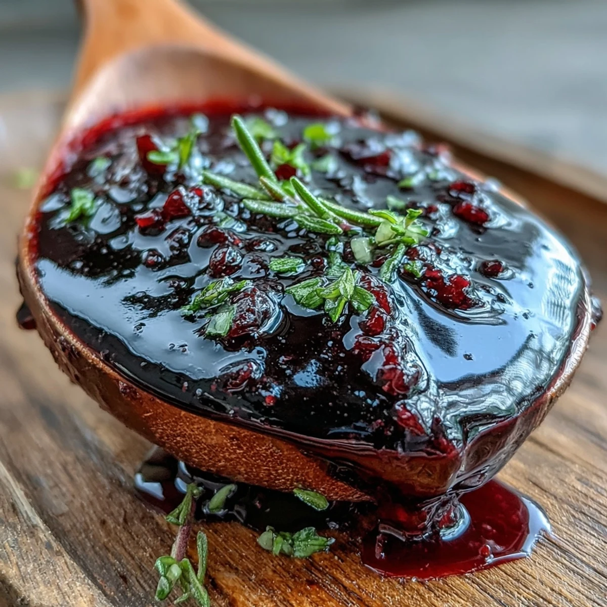 A wooden spoon lifts a generous pour of Black Currant and Rosemary Reduction, highlighting its rich, deep purple color and thick texture.