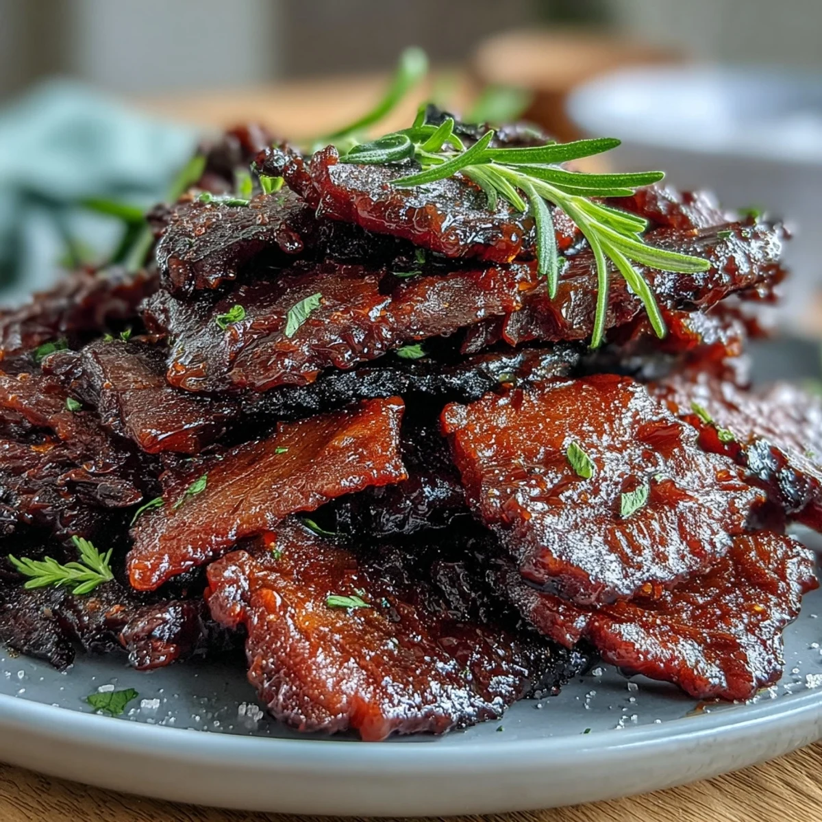 Smoky Black Currant Jerky marinated in tangy fruit BBQ sauce and slow-smoked over cherry wood on a wire rack.