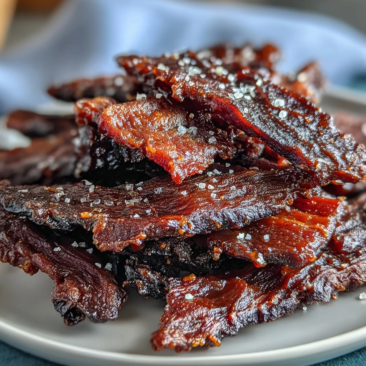 Tender slices of Black Currant Smoky Jerky glistening with sweet, savory marinade, ready to be eaten as a protein snack.