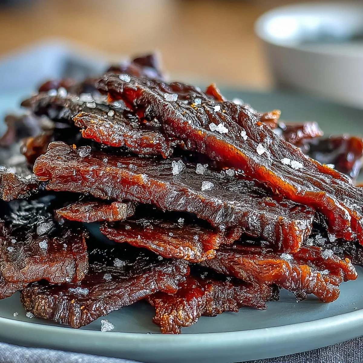 Served on a wooden board, Black Currant Smoky Jerky looks dark and chewy with subtle smoky aromas from cherry wood.