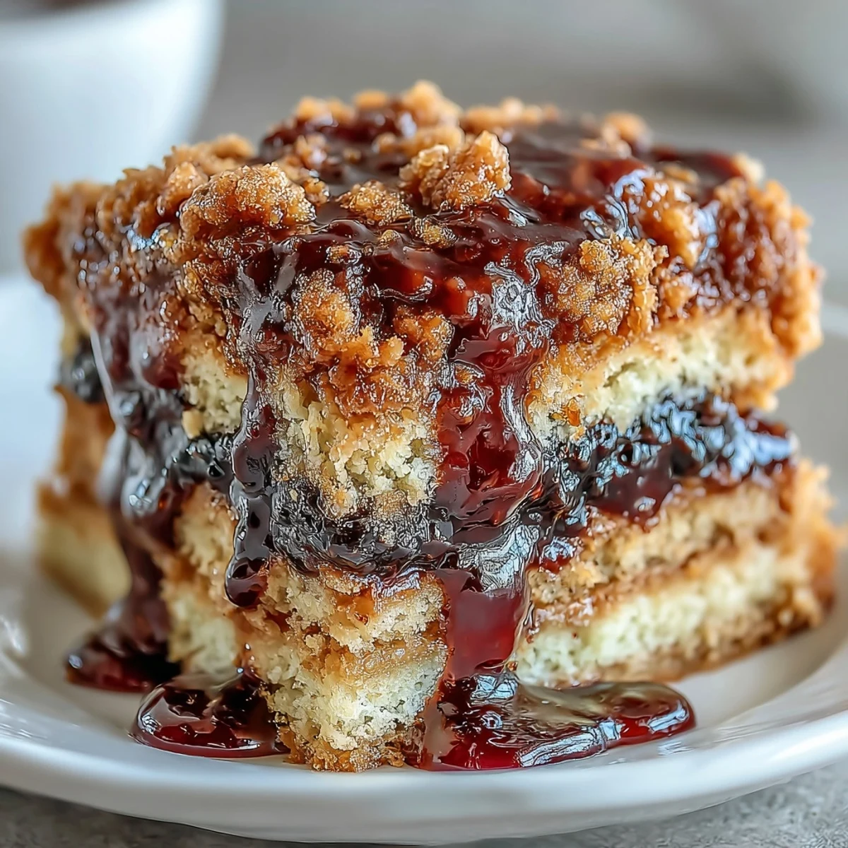 Moist peanut butter cake slices are drizzled with a glossy, deep purple black currant sauce and ready to serve.