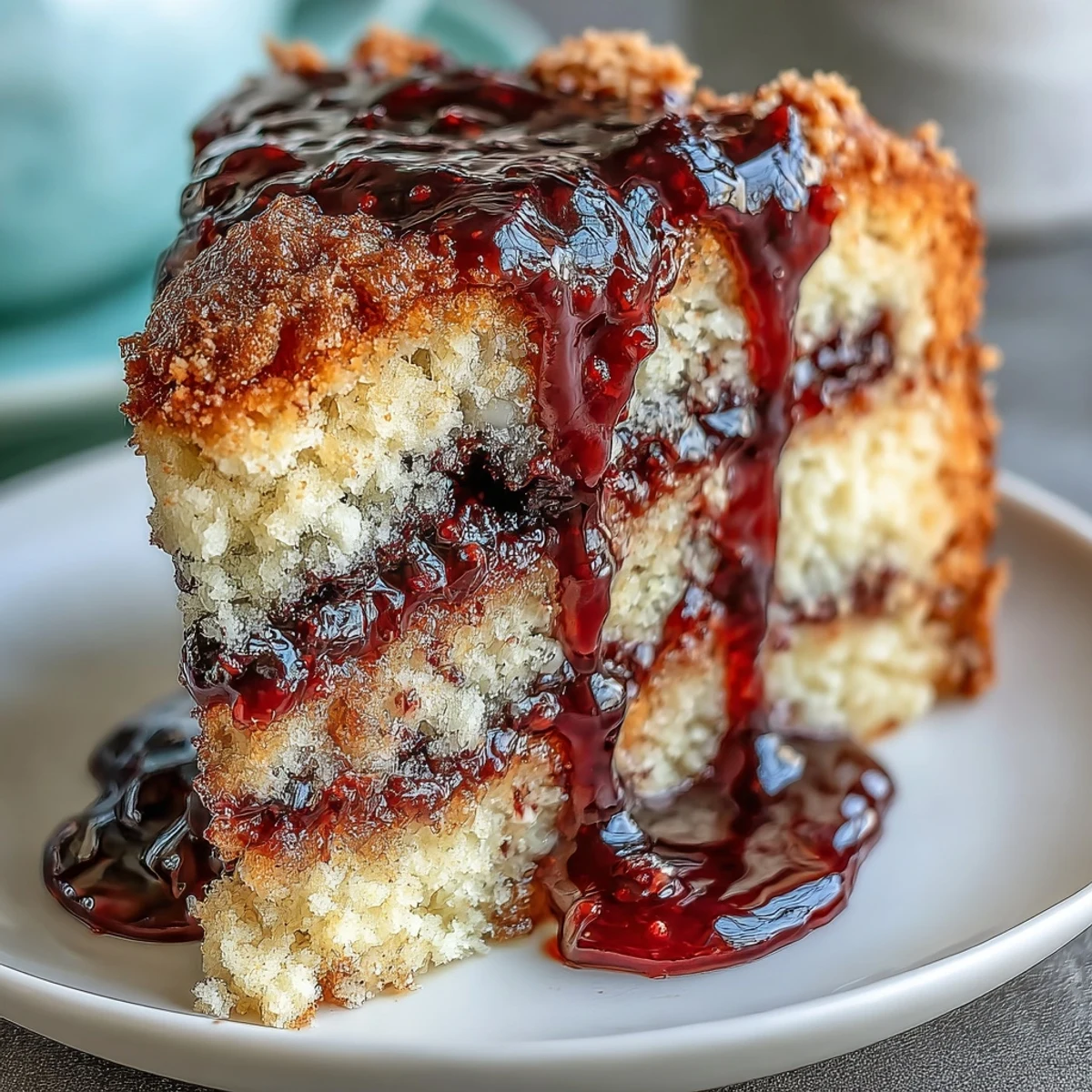 Fresh black currant sauce is spooned over a peanut butter cake slice, revealing a hidden jam layer on white plates.