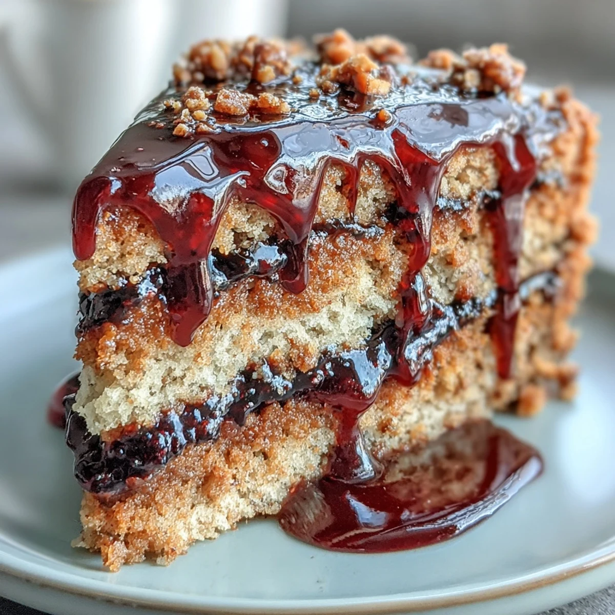 Peanut butter cake layers are filled with black currant jam and finished with a vibrant berry sauce drizzle.