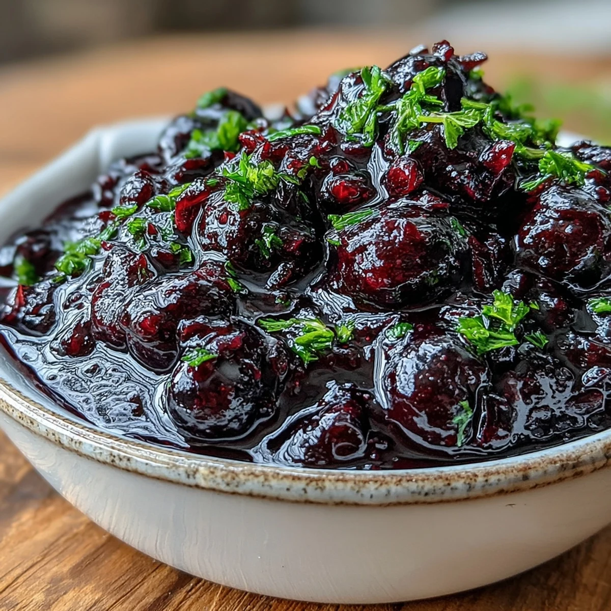 Dark purple Black Currant Reduction simmering in a saucepan with red wine and herbs.