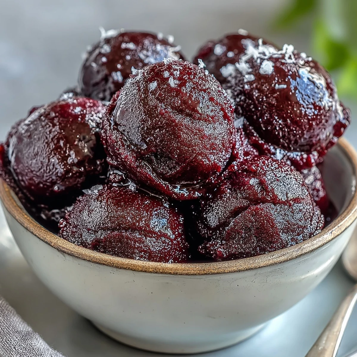A close-up scoop of homemade Black Currant Sorbet in a chilled glass bowl, showcasing its deep purple hue and smooth, frosty texture.