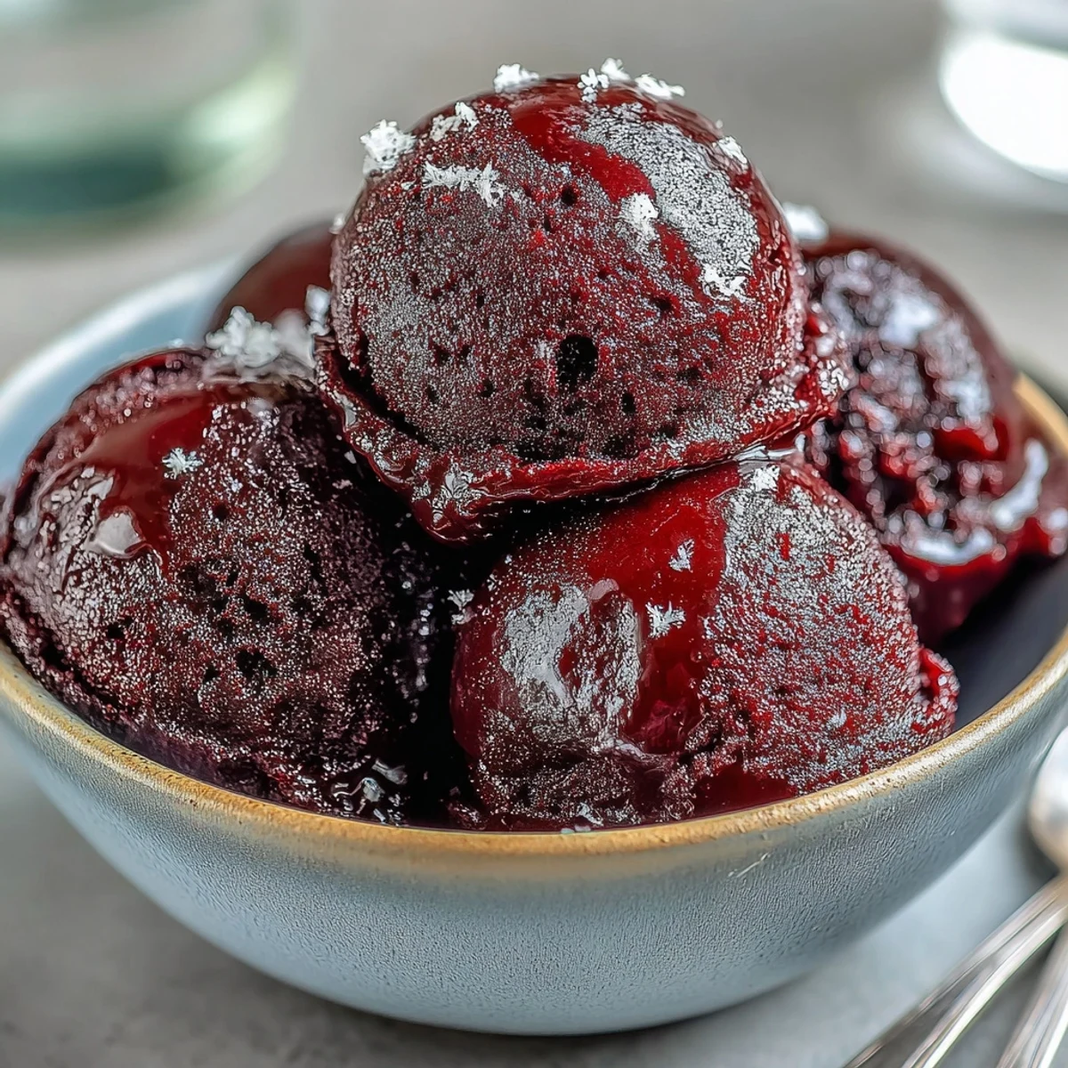 Bright Black Currant Sorbet served in elegant dessert glasses garnished with fresh mint leaves and lemon zest for a vibrant finish.
