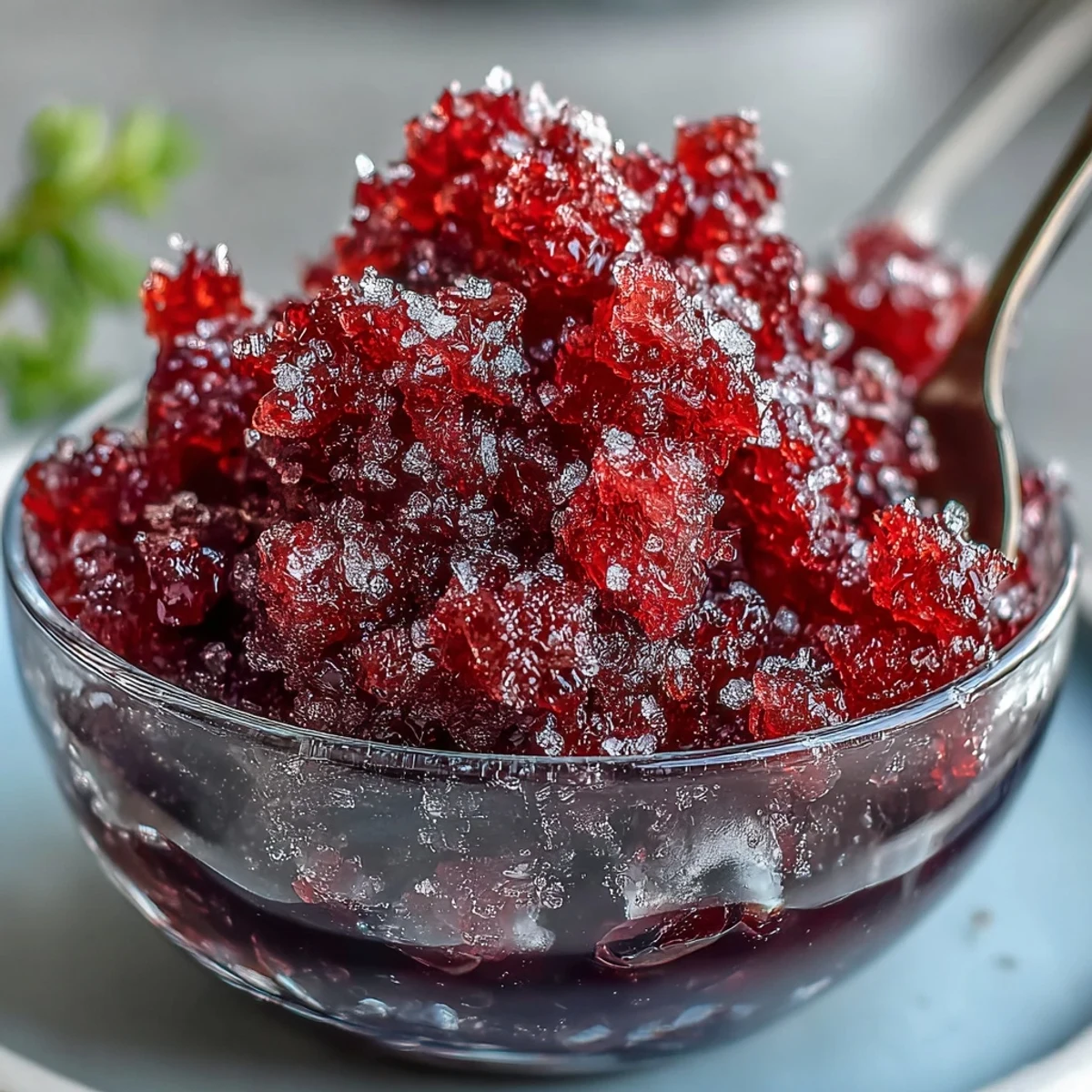 Fork-fluffed Black Currant Granita in a chilled glass with mint garnish. 