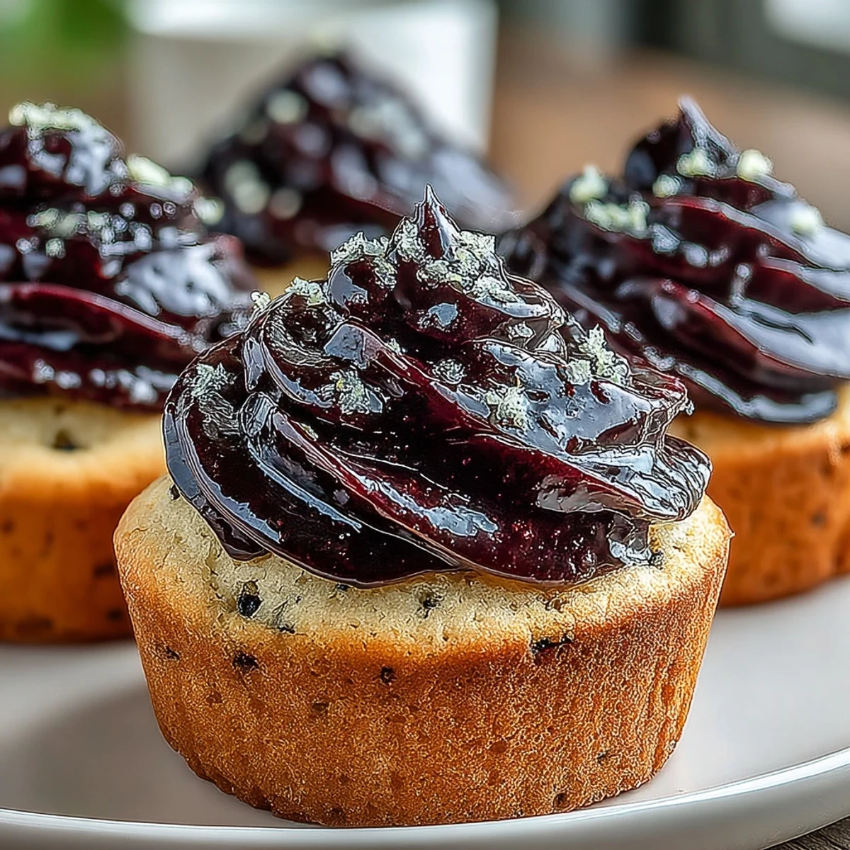 Moist olive oil cupcakes topped with luscious black currant frosting, ideal for a sophisticated afternoon tea party.