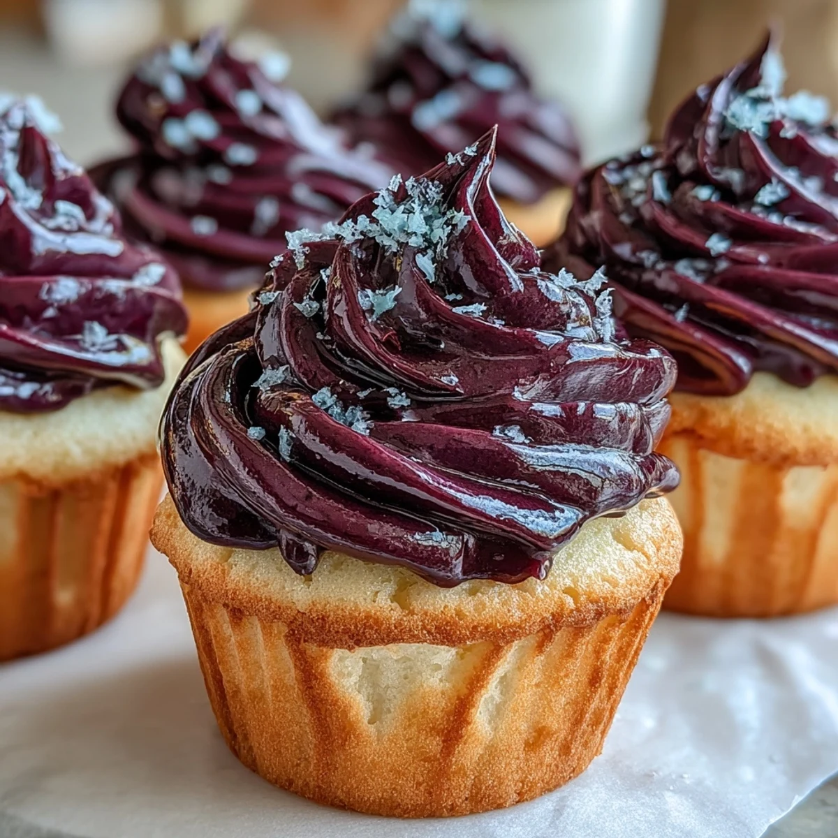 Tender olive oil cupcakes with tangy cream cheese frosting, perfect for elegant dessert tables or gatherings.