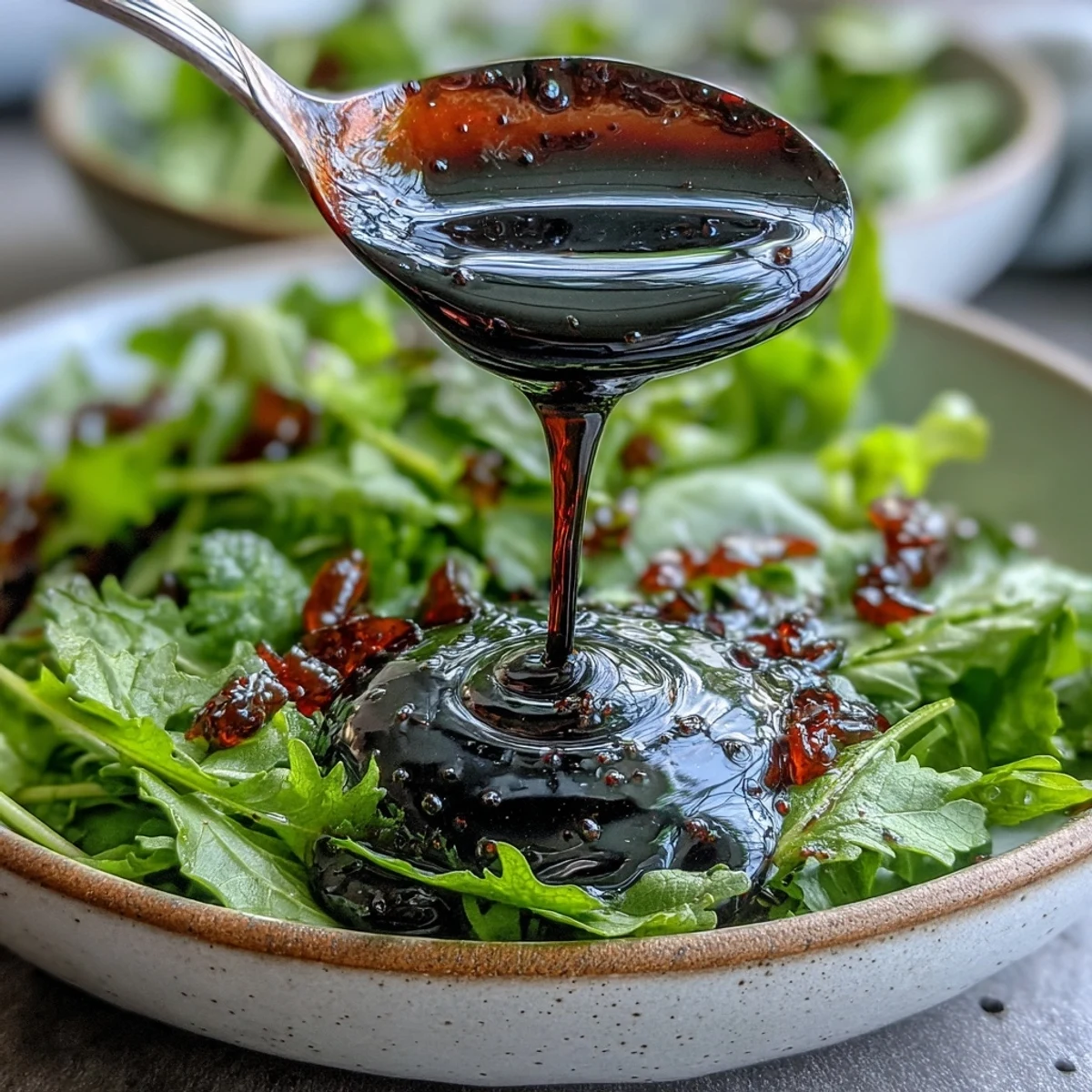 Close-up of Black Currant Vinaigrette drizzling over a fresh spinach salad with goat cheese.
