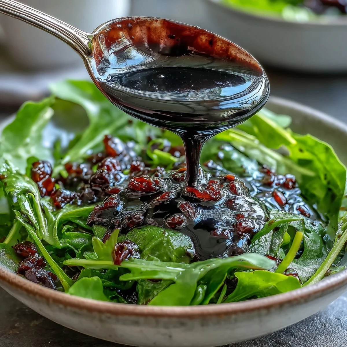 A glass jar of deep purple Black Currant Vinaigrette next to vibrant mixed greens.
