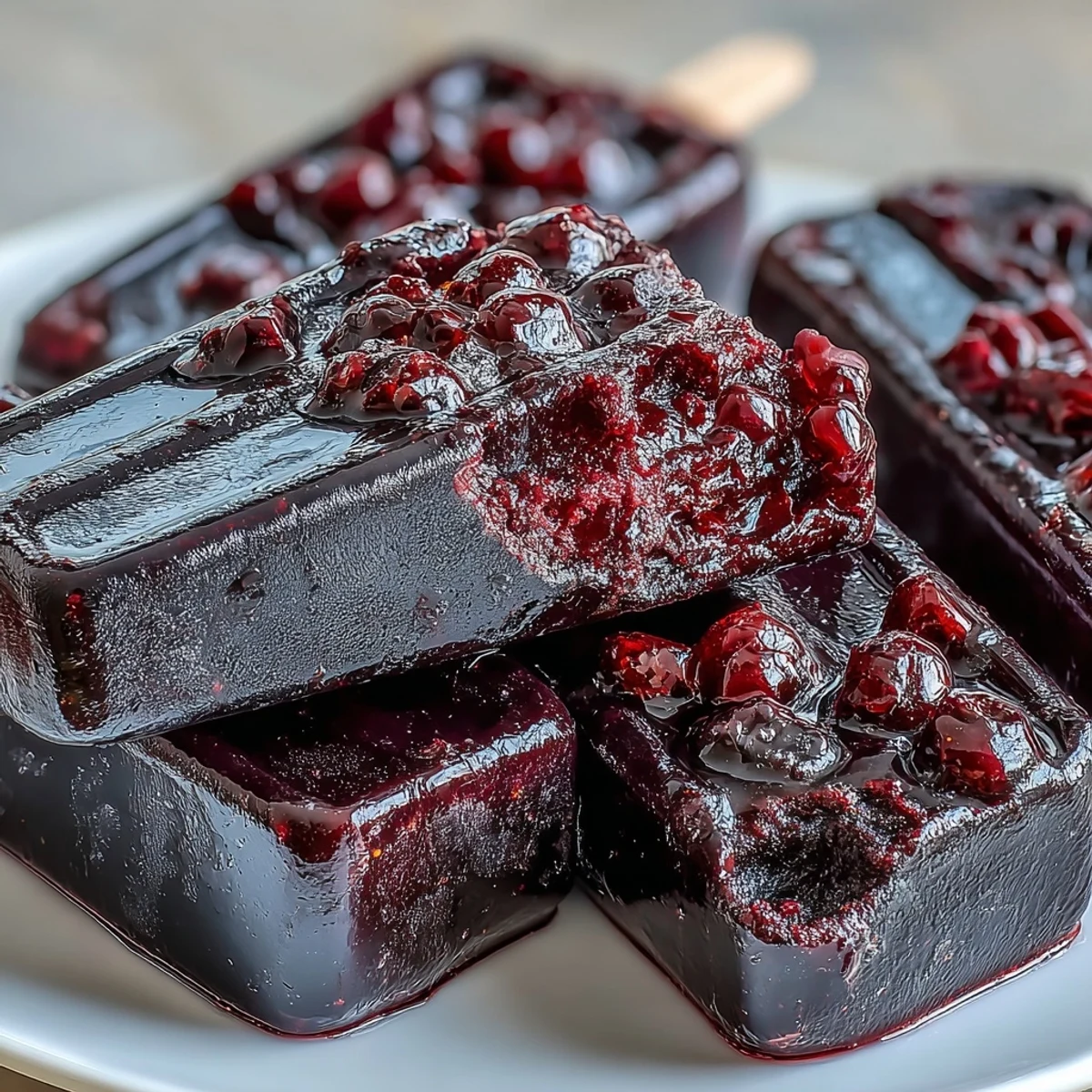 Close-up view of homemade Black Currant Popsicles glistening with condensation, highlighting the bold fruit flavor ready for a hot summer day.