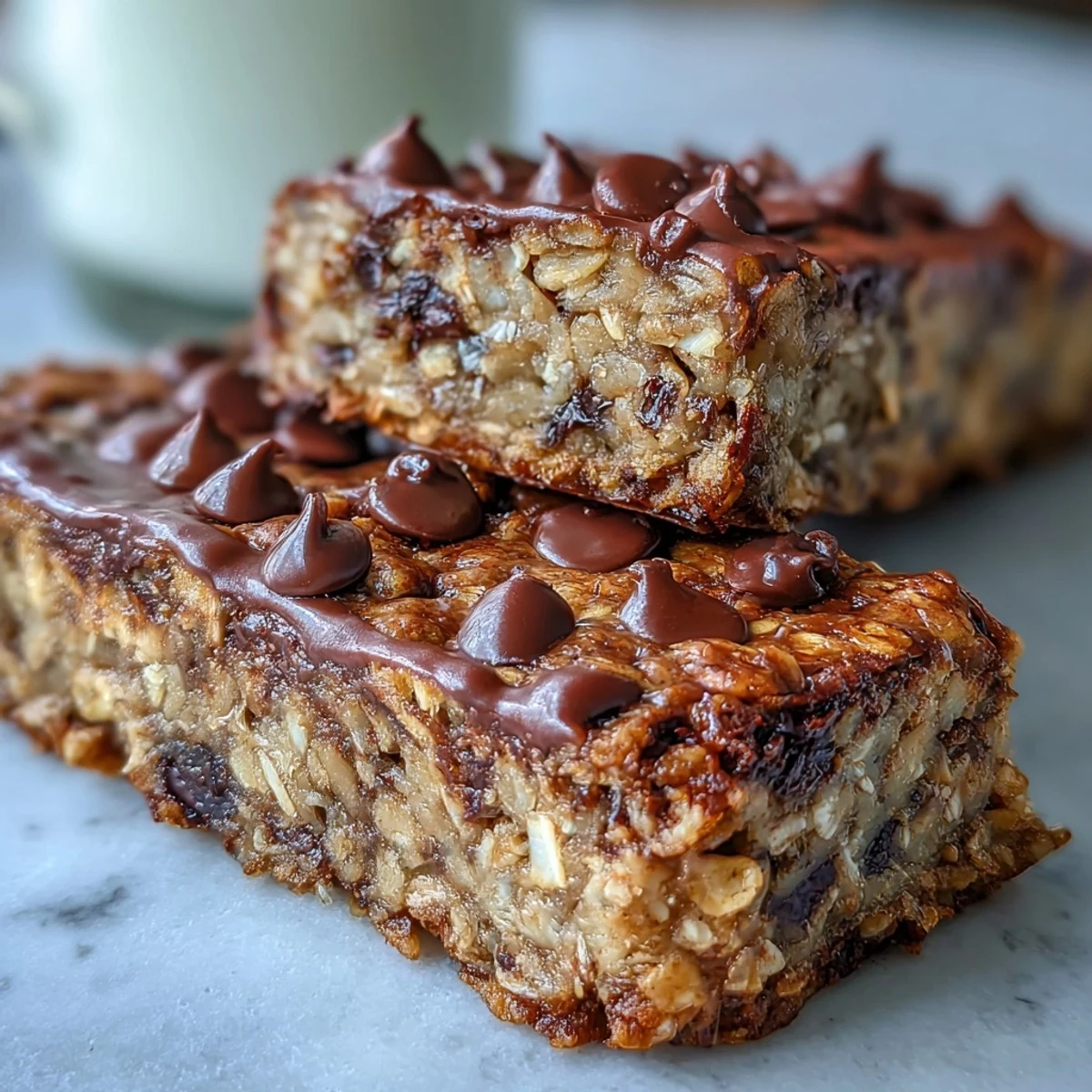 Golden-brown baked oatmeal bars studded with chocolate chips sit on a cooling rack after baking.