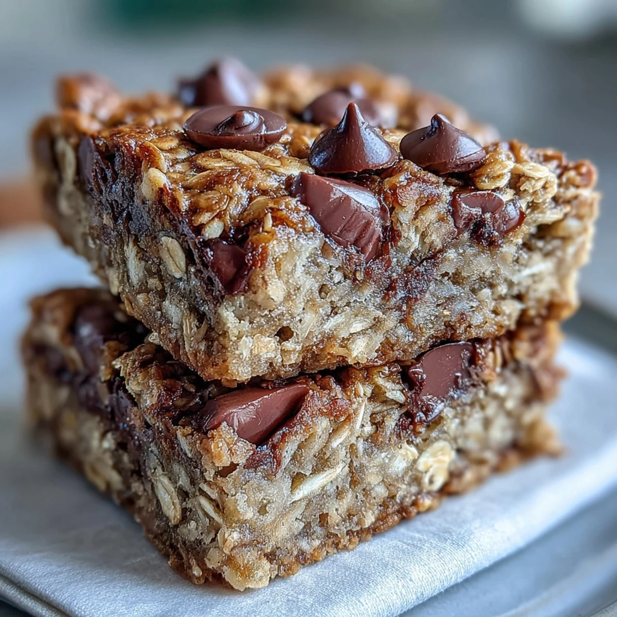 Freshly sliced baked oatmeal bars on a wooden board, served with yogurt and fresh banana slices.