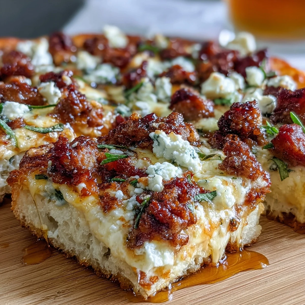 Golden-brown Hot Sausage Feta Honey Pizza fresh from the oven, topped with fresh basil, red pepper flakes, and a glossy hot honey drizzle on a rustic wooden board.