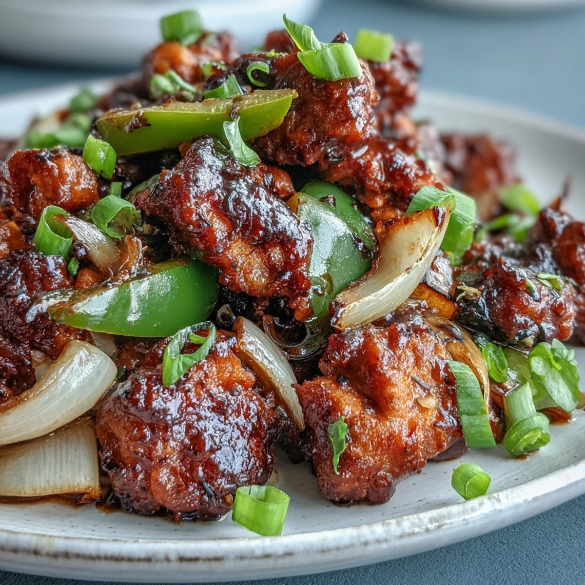 Close-up of tender, stir-fried Black Pepper Chicken with sautéed peppers and onions, glistening with savory sauce.