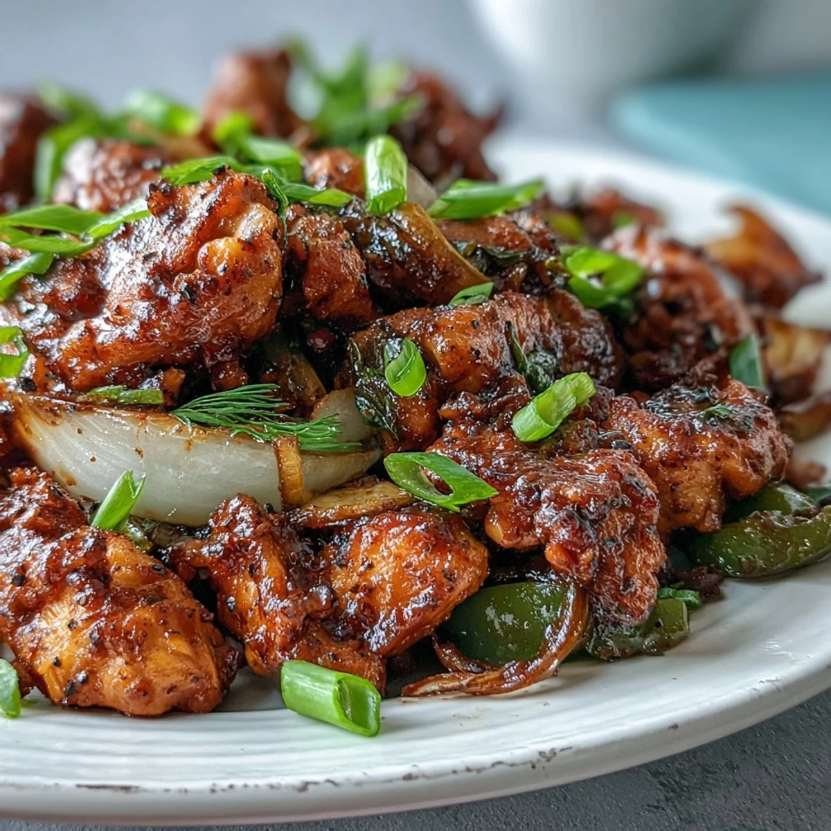 Boldly seasoned Black Pepper Chicken served over steamed white rice, garnished with fresh green onions.