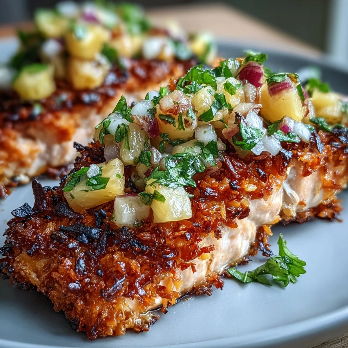 Crispy golden-brown Coconut Crusted Salmon with Pineapple Salsa garnished with lime wedges on a white plate.