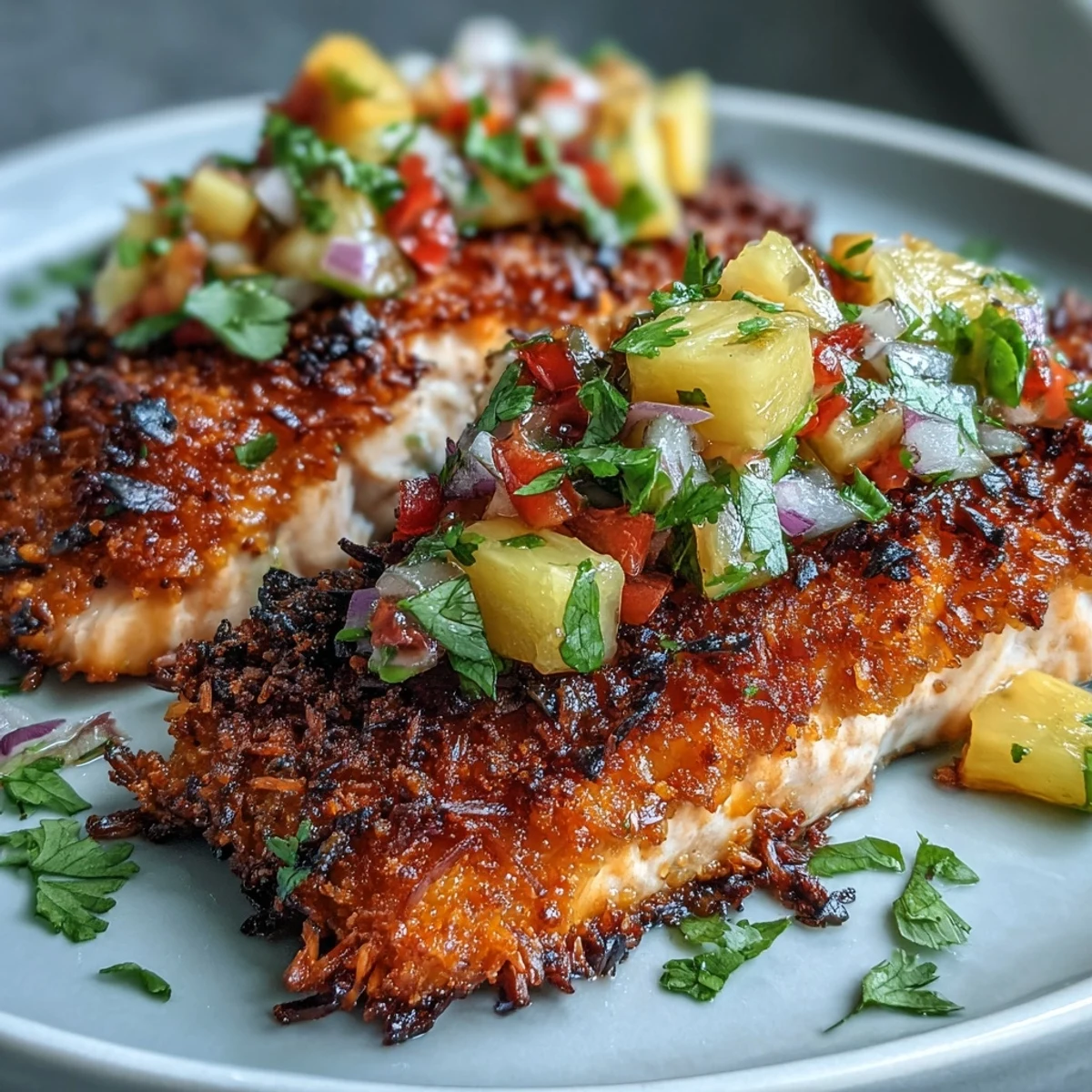 Plated Coconut Crusted Salmon with Pineapple Salsa served beside lime wedges on a rustic wooden table.