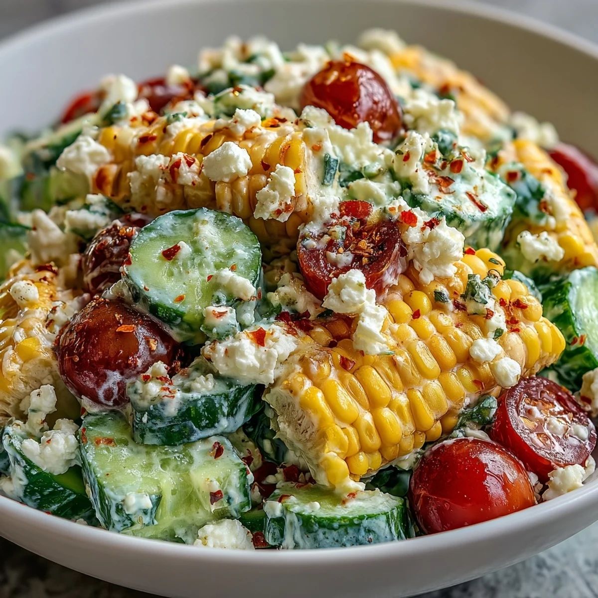Creamy feta and sweet corn tossed with crisp cucumber and a zesty lime dressing in this Street Corn Creamy Cucumber Salad.