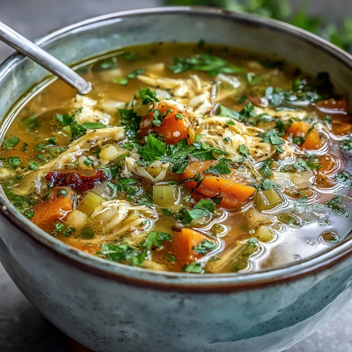 Golden Anti-Inflammatory Turmeric Chicken Soup steaming in a white bowl, topped with fresh cilantro and a lemon wedge.