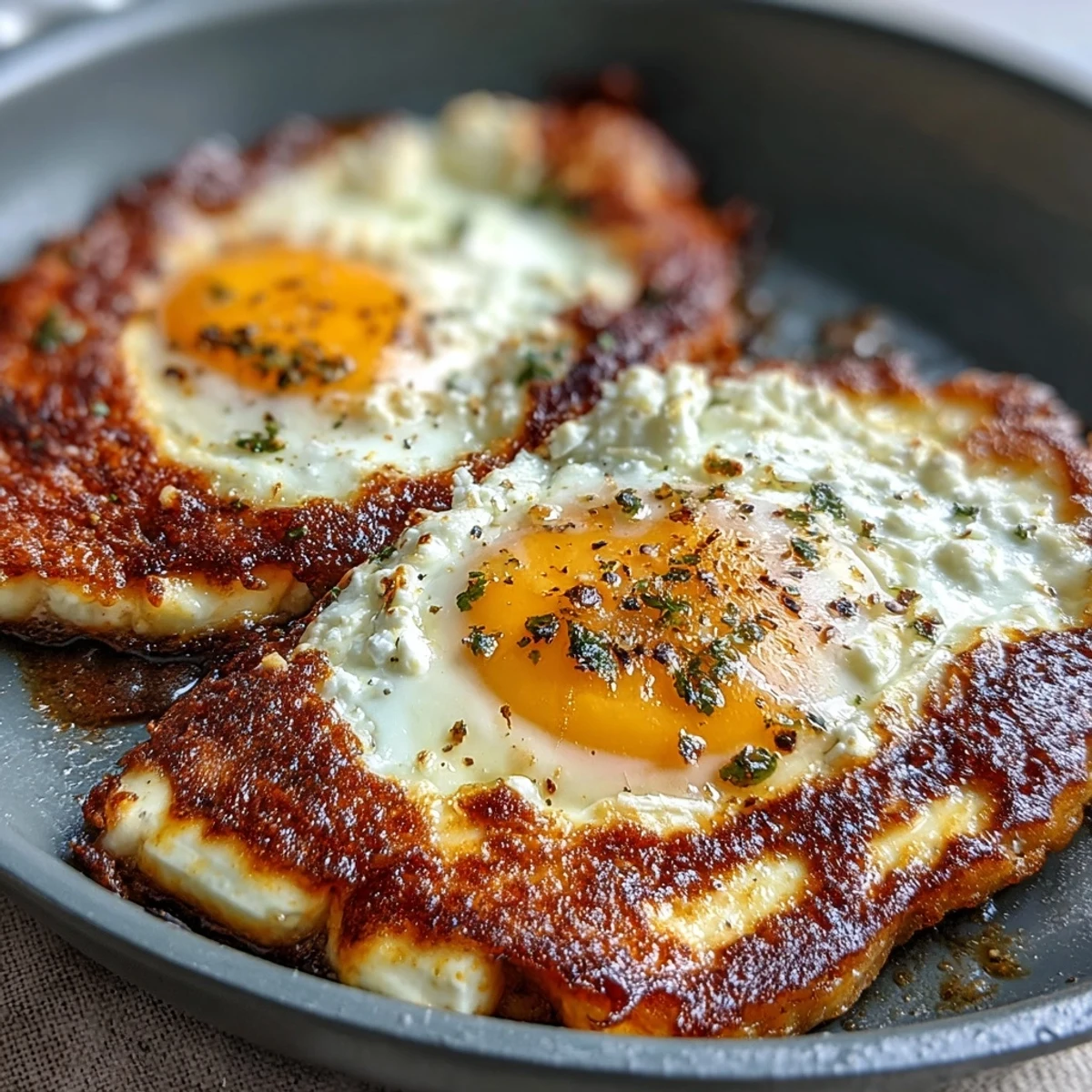 Feta crisps sizzle as a sunny-side-up egg cooks for Crispy Feta Fried Eggs.