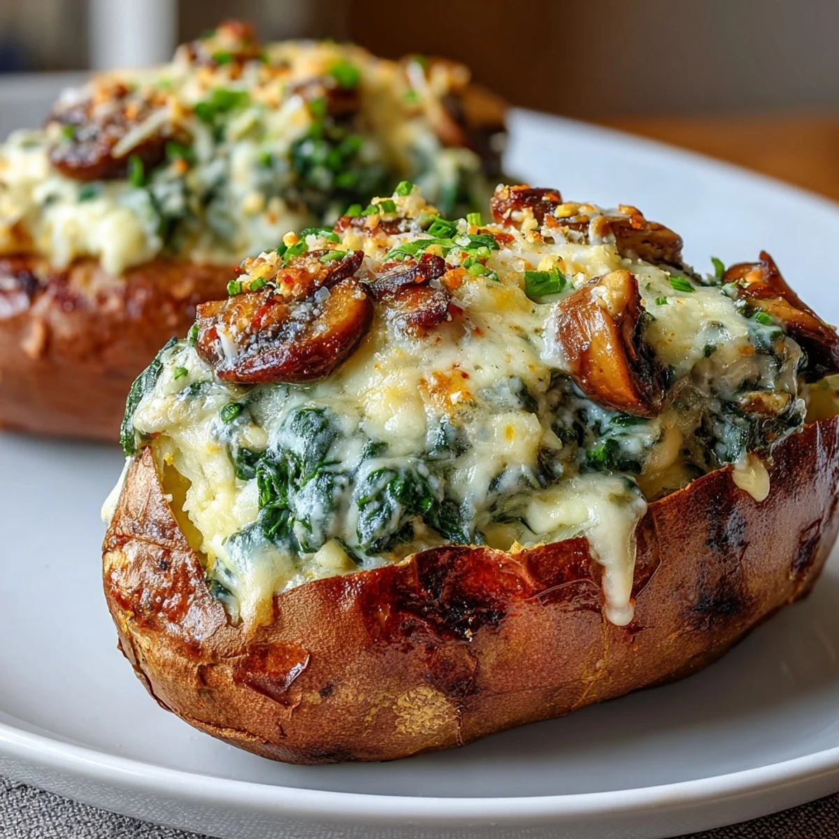 Golden-brown Creamy Mushroom and Spinach Stuffed Sweet Potatoes topped with bubbly melted cheese and fresh herbs.