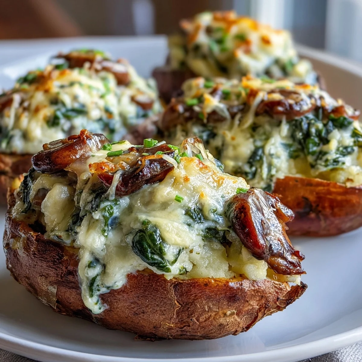 Savory Creamy Mushroom and Spinach Stuffed Sweet Potatoes served hot with a creamy filling on a rustic plate.