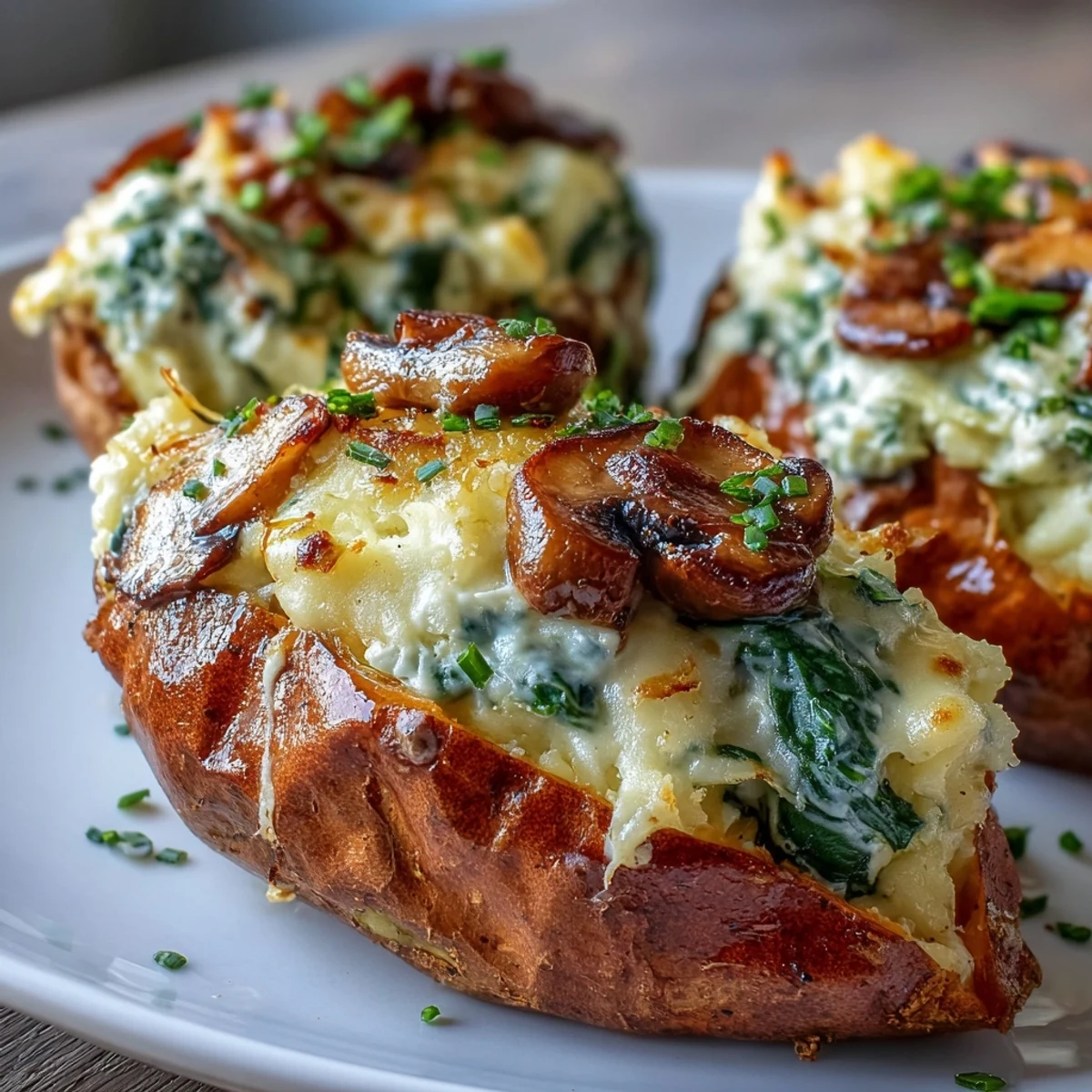 Split roasted sweet potato overflowing with a rich Creamy Mushroom and Spinach Stuffed Sweet Potatoes filling for dinner.