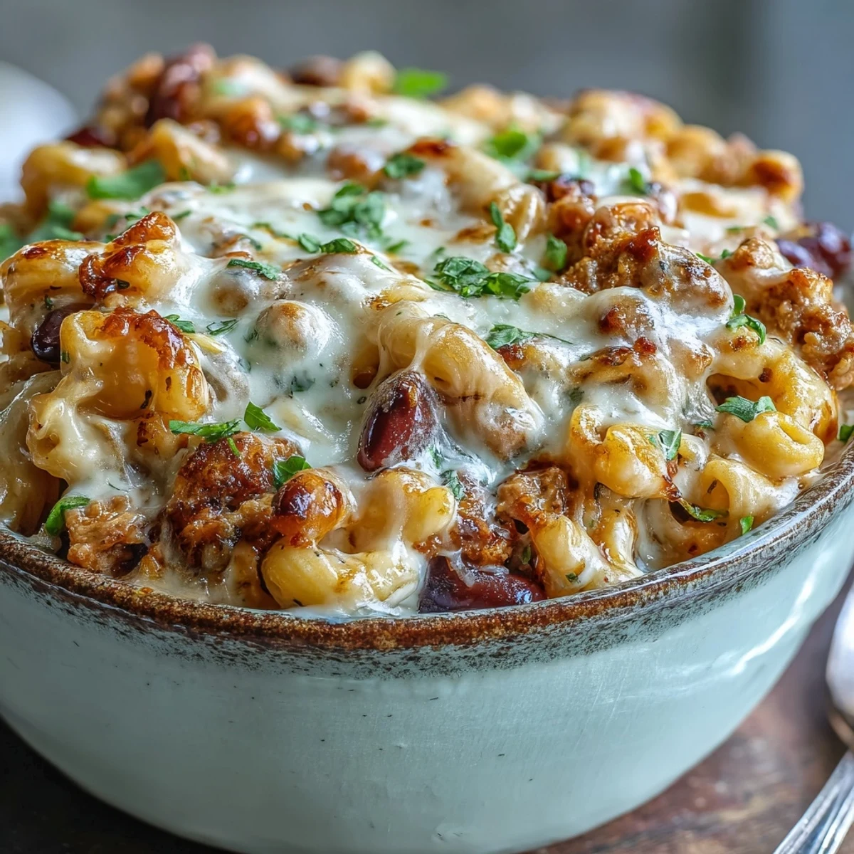 Baked Ranch Turkey Chili Mac served bubbly with golden cheddar, cilantro, and a dollop of sour cream.